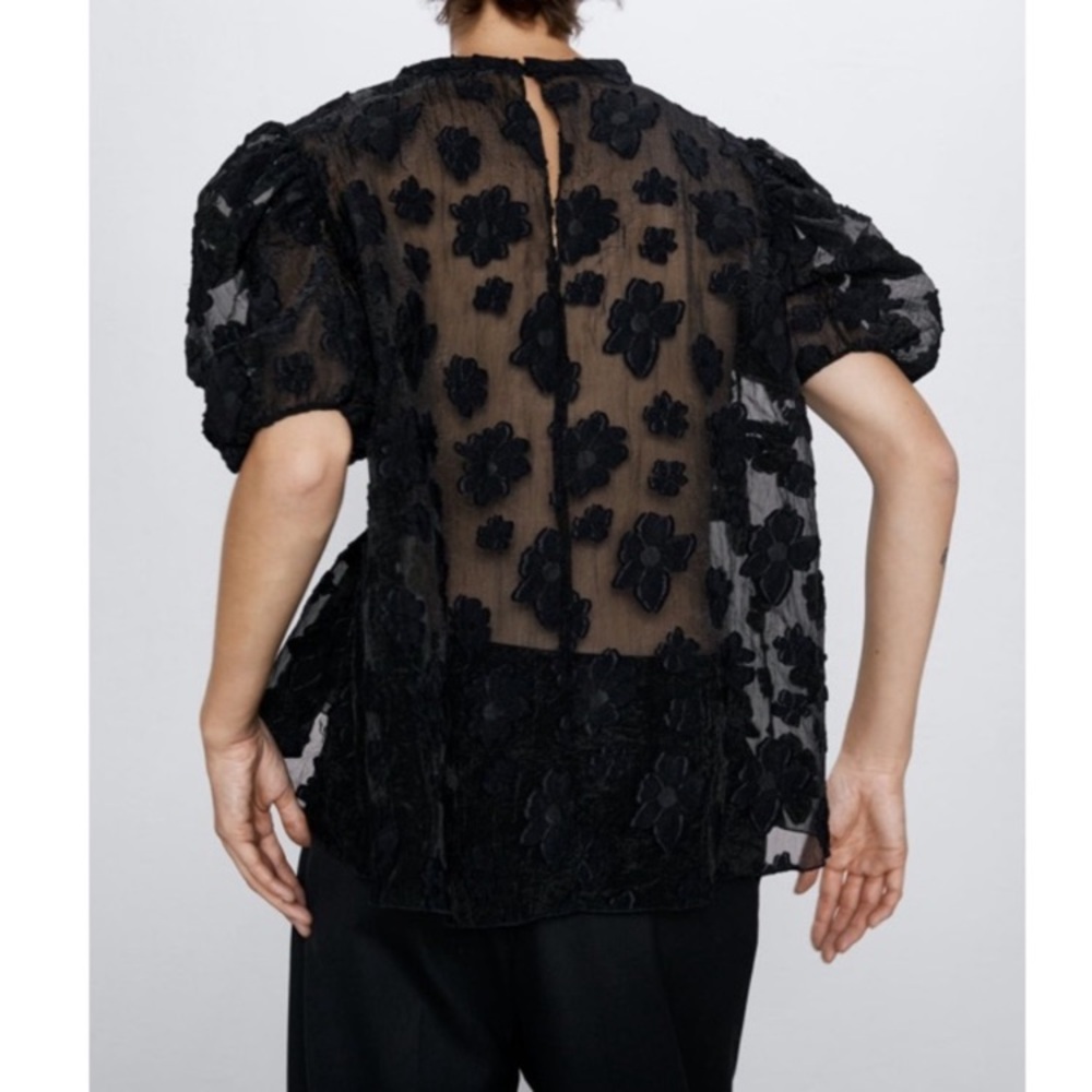 Zara Floral Sheer Organza Puff Sleeve Blouse - Picture 2 of 13